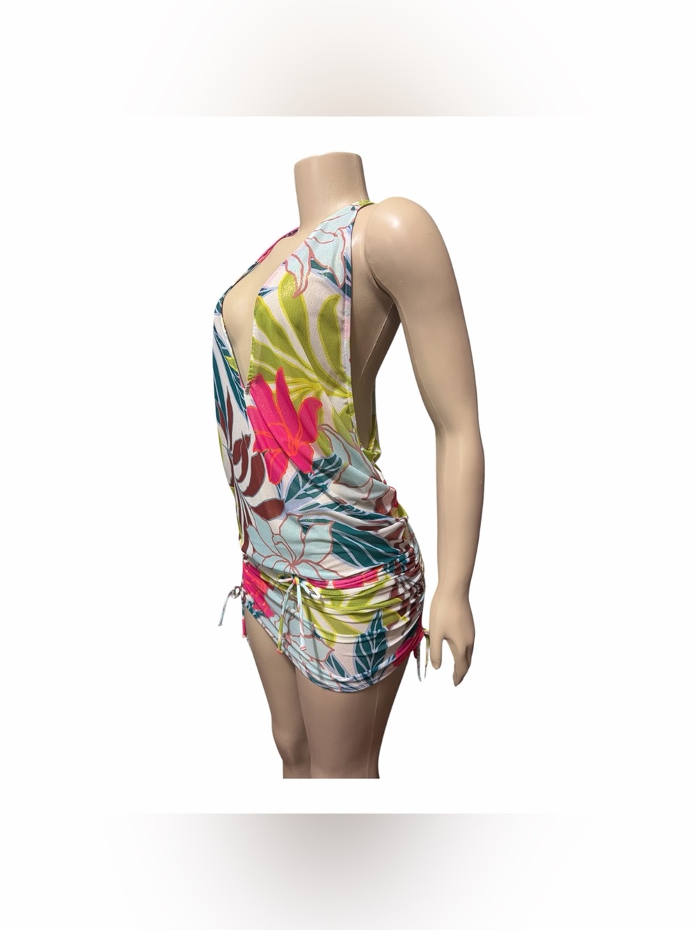 NWT Vince Camuto Swim Size M Racer Back Cover Up Dress Ruched Side Floral Palm - Picture 5 of 13